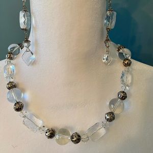 Set of choker & earrings clear glass beads with silver beads